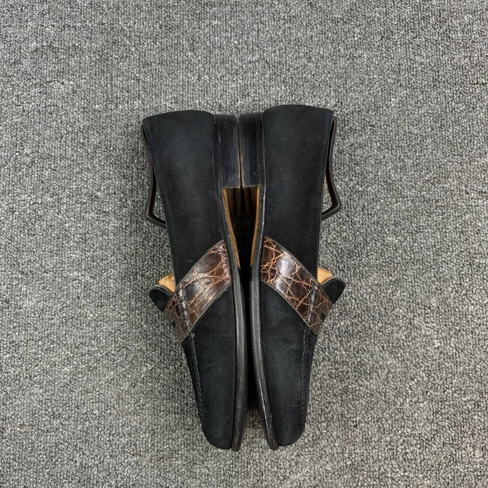 Moreschi Black Suede Penny Loafers Croc Style Strap Vibram Sole Italy Size 10